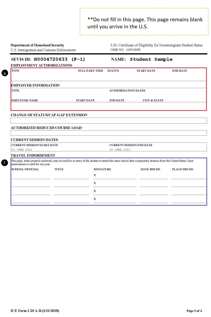 Visual of the second page of the Form I-20, containing information about employment and travel endorsements.