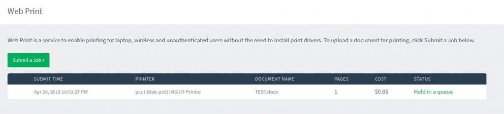Prtint job status page
