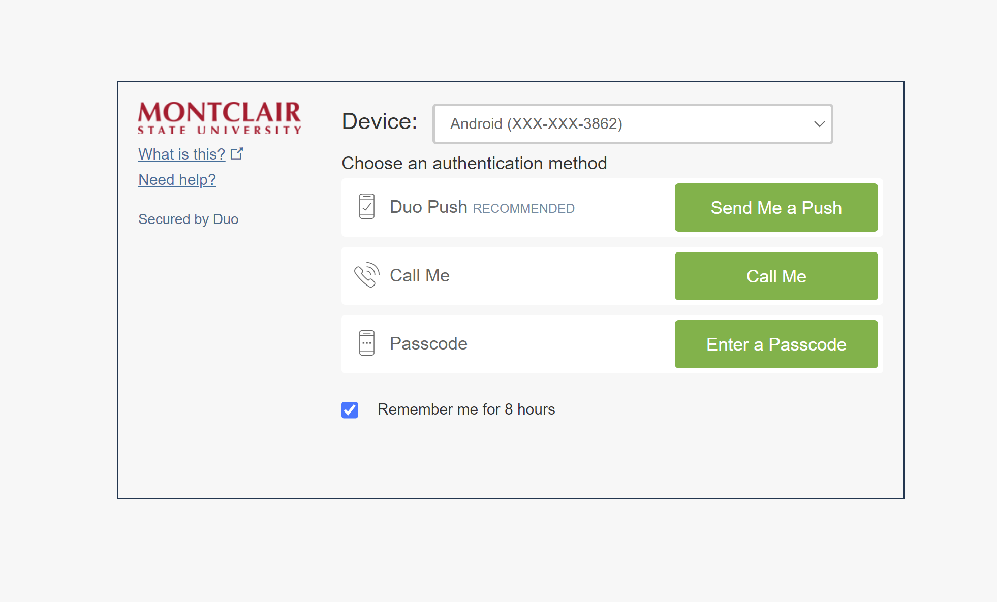 DUO authentication with remember me for 8 hours checked