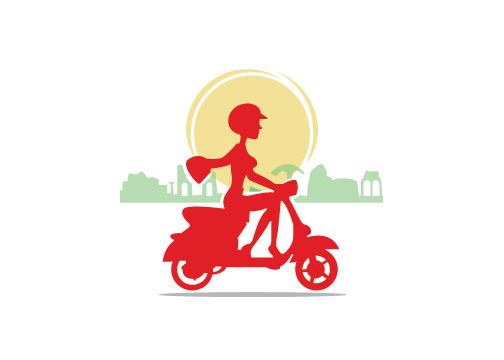 Red, yellow, and green graphic silouette of a person on a Vespa scooter.