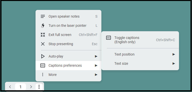 screenshot of Google Slides presentation detail showing live caption settings