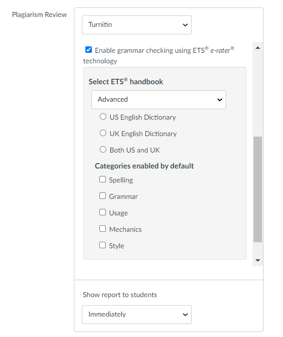 screenshot showing turnitin erater settings
