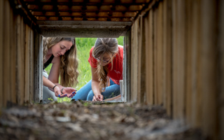 Nicole Bergen and Natalie Sherwood kneel outside of tunnel examining soil.