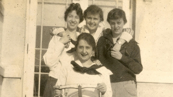 Sepia photo of Conklin Crowd, after coasting, 1917