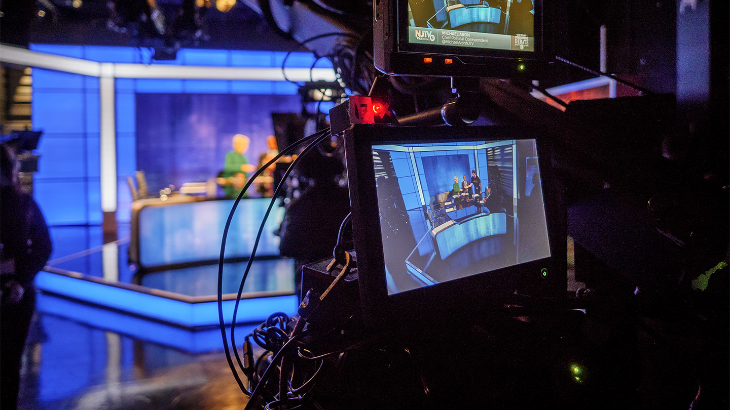 Close-up of camera inside film studio of the new School of Communication and Media building.