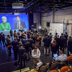 Press standing around candidates at Lt. Governor debate.