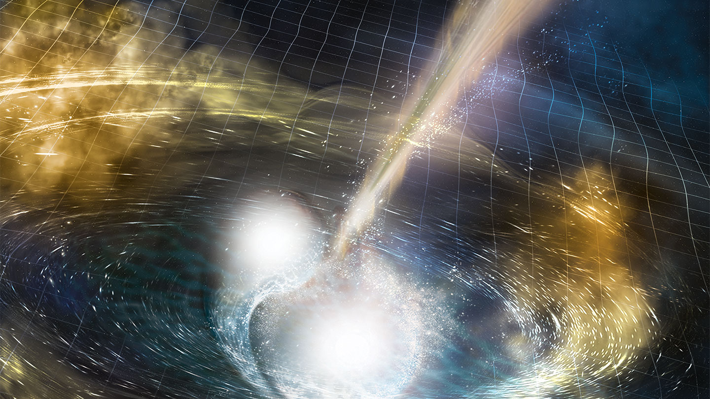 An illustration of neutron stars colliding.