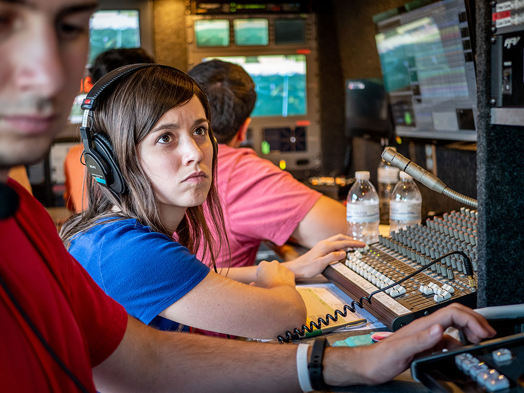 Casey Owens ’18 works audio sound during Red Bulls II broadcasts.