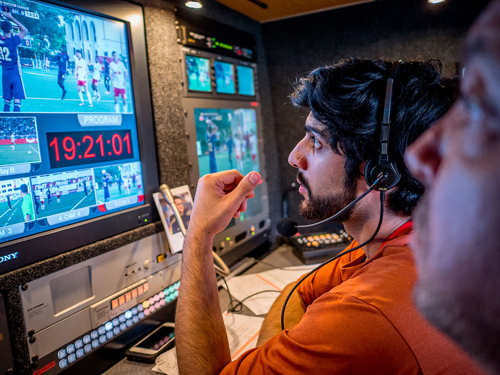 Christo Apostolou ’17 directs the Red Bulls II soccer broadcast from inside a mobile studio truck.