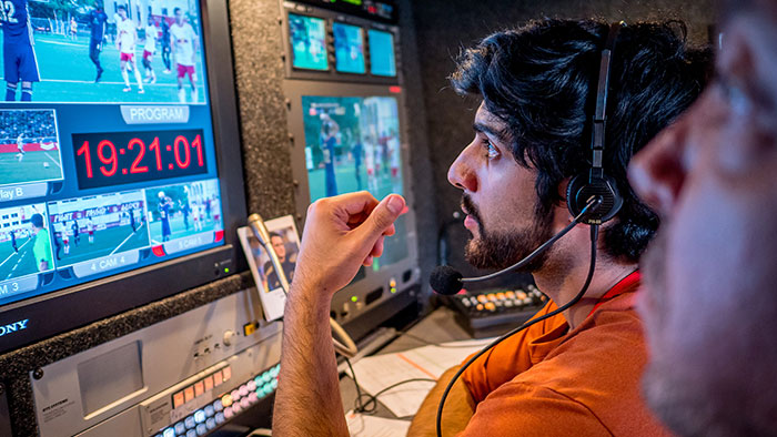 Christo Apostolou ’17 directs the Red Bulls II soccer broadcast from inside a mobile studio truck.