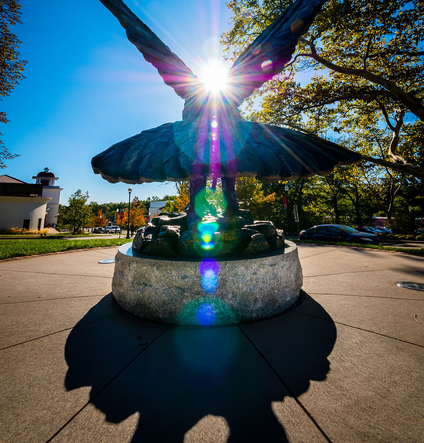 Red Hawk statue with sunbeam above it