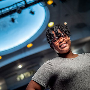 Ciara Rolle- Harris at the Wellmont Theater in Montclair, where she works as a marketing operations intern.