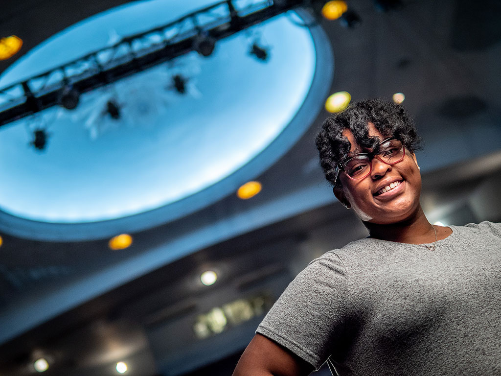 Ciara Rolle- Harris at the Wellmont Theater in Montclair, where she works as a marketing operations intern.