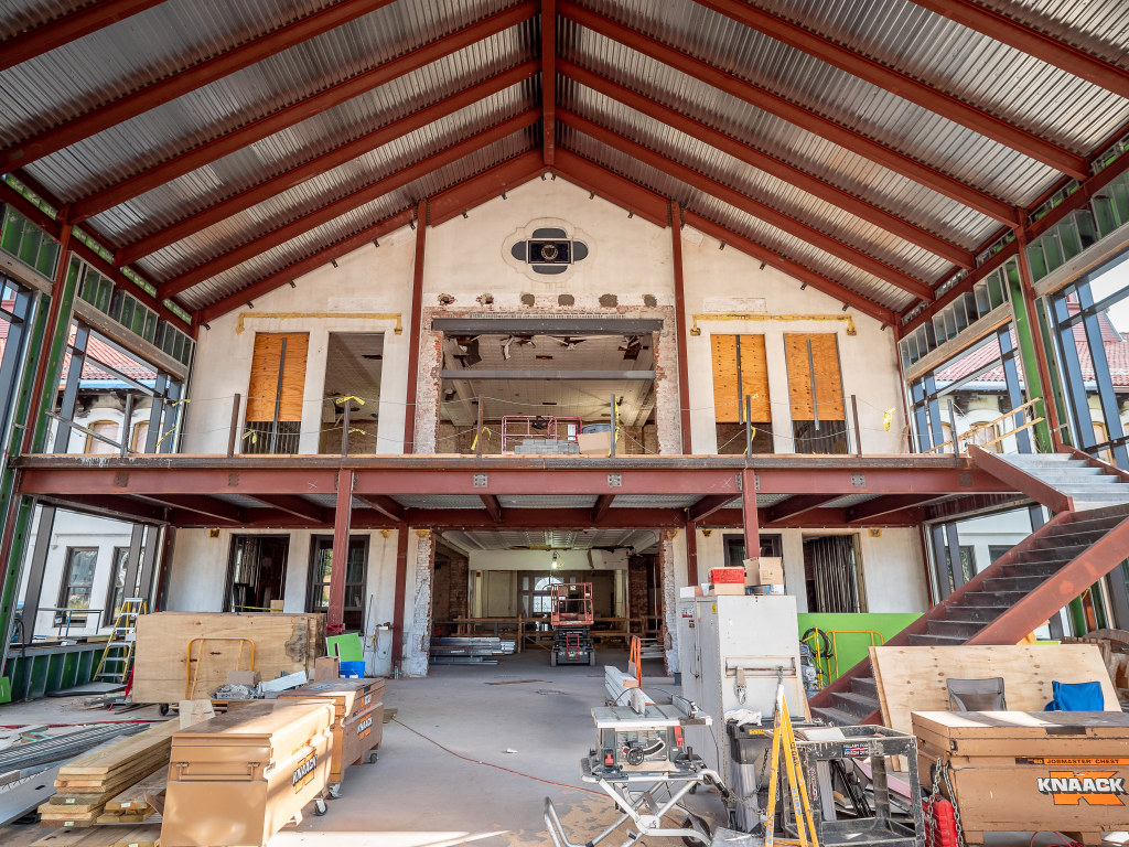 A soaring atrium connects the past and present.