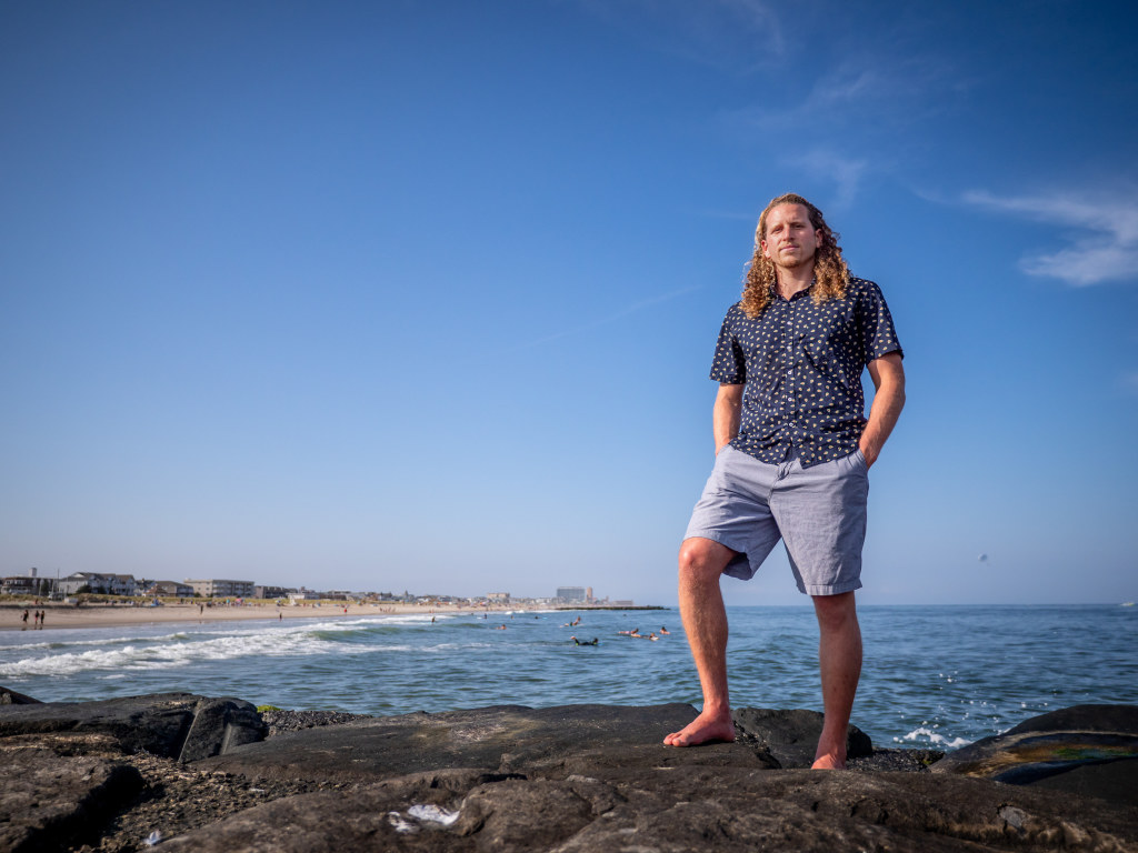 Arye Janoff is shown here on a groin field – the type of rock structure prevalent along the New Jersey coast.