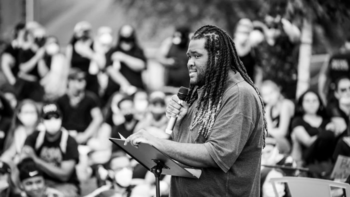 Jason Williams, assistant professor of Justice Studies, speaks at a demonstration in Wayne, New Jersey. Photo by Neil van Niekerk