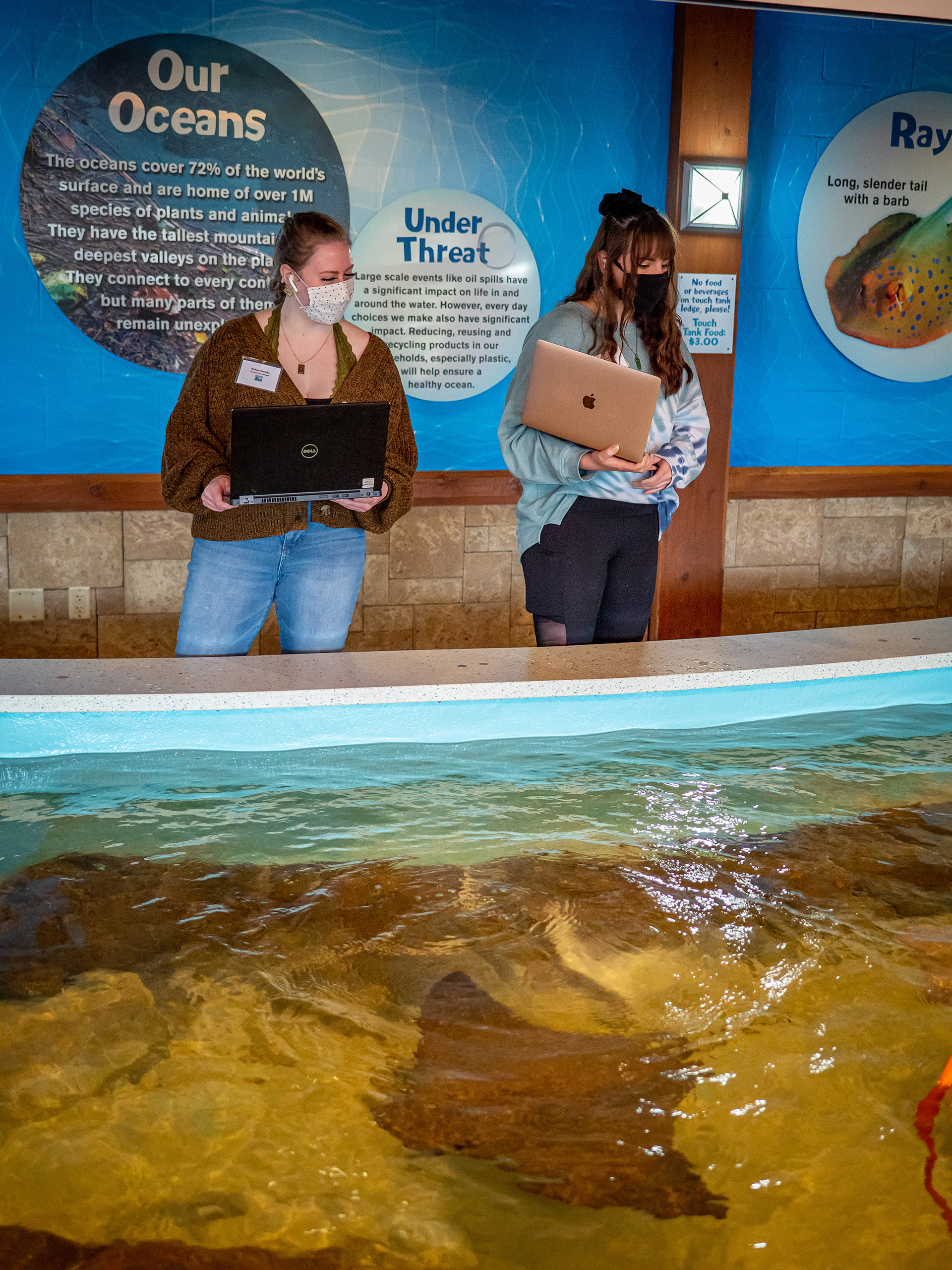 Melissa Matyiku and Lauren Hope standing near ray tank