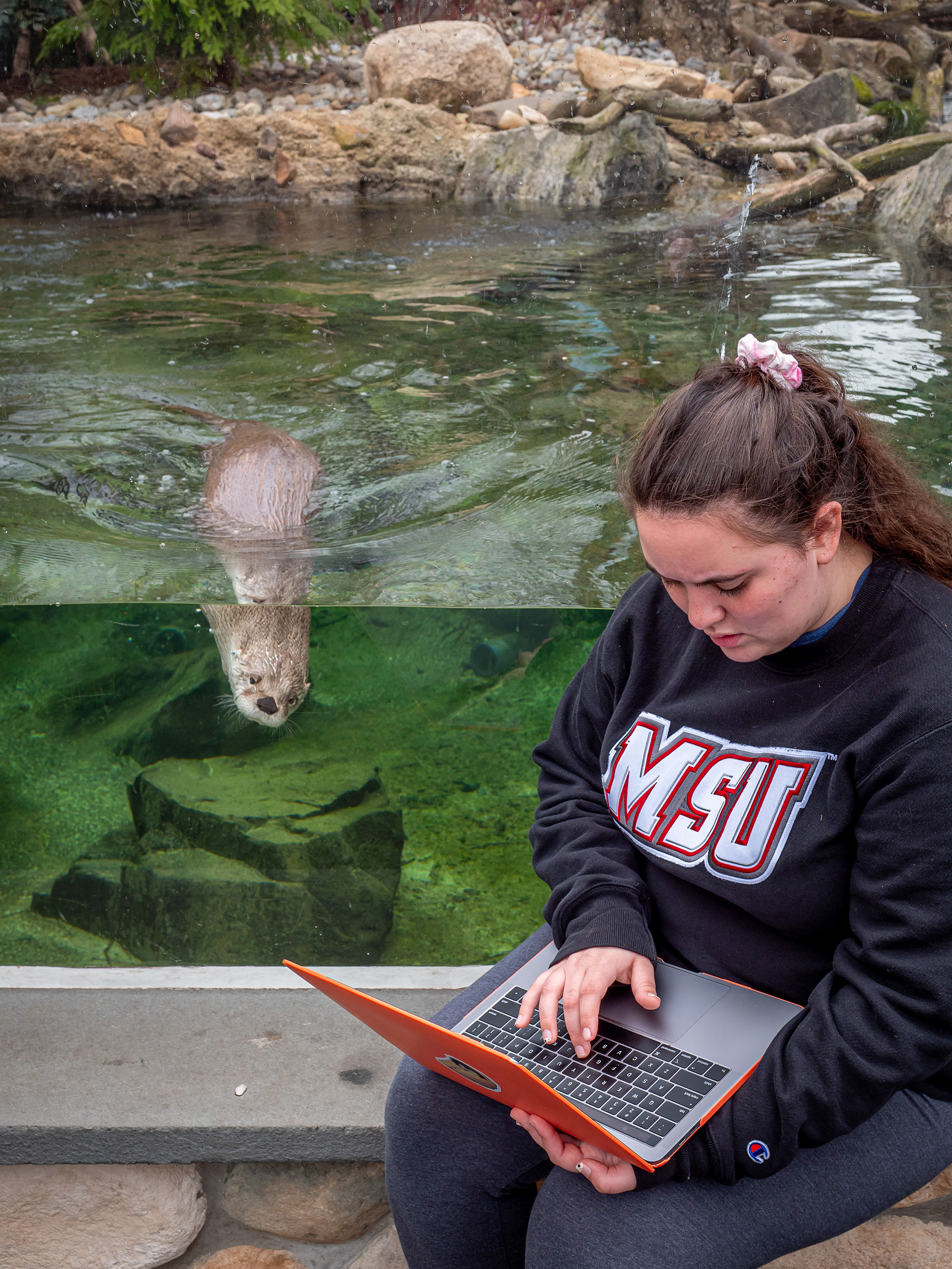 Diana Sisk-Gritz sitting in front of otter habitat