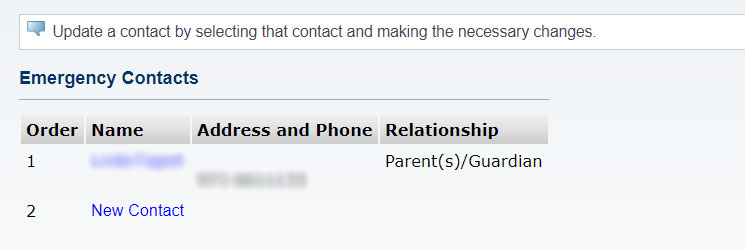 Screenshot of the NEST page listing your Emergency Contacts.