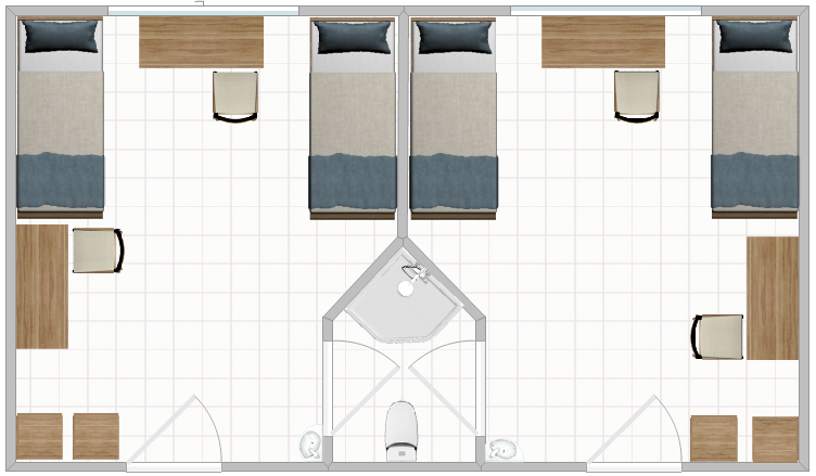 A typical Double Room in Blanton with a shared bathroom in between two doubles.