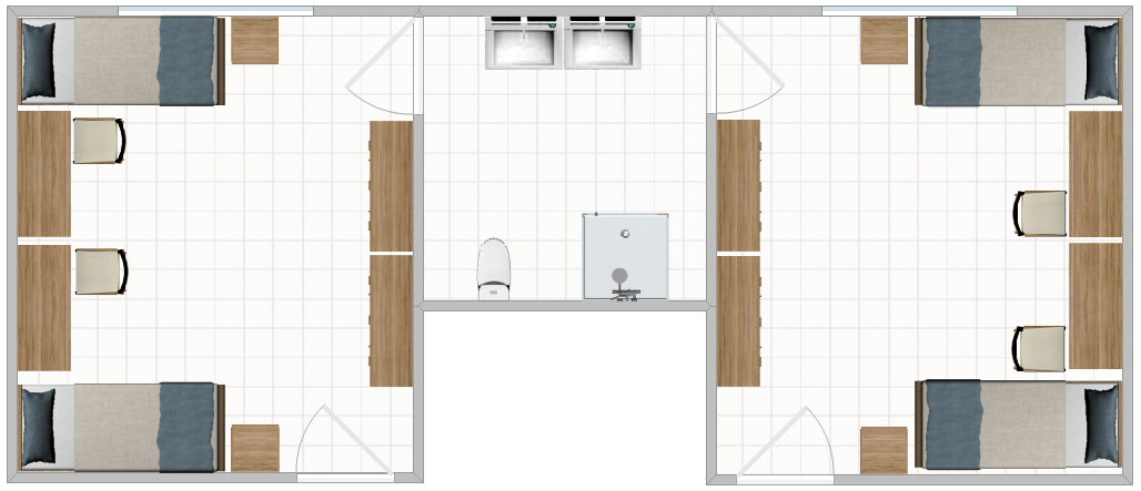 Freeman Hall Double Layout with two adjoining rooms sharing a bathroom.