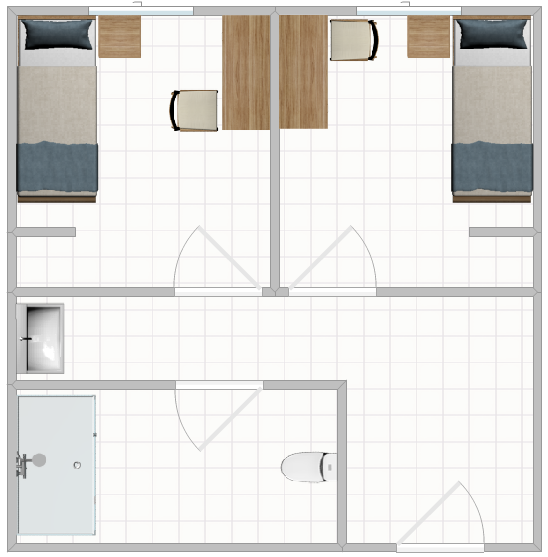A Single Room Layout in the Heights with two adjoining rooms sharing a bathroom.