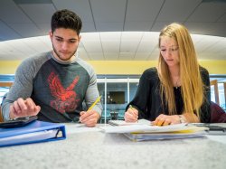Photo of two students collaborating on a project.