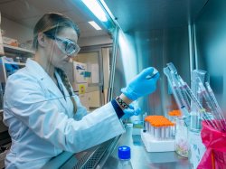 Photo of student using pipette to fill vial in laboratory.