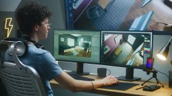 Student at desk using 3D modeling software to design an interior space