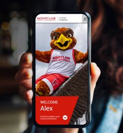 Image of a woman holding and showing mobile phone with Custom Viewbook app open