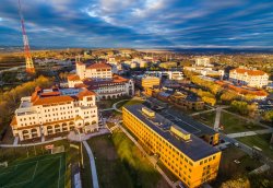 Aerial view of campus at sunset