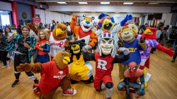Crowd shot of assorted costumed mascots