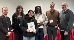 (photo caption: Montclair State students and alum at the Archaeological Society of New Jersey Conference held in Princeton, February 17, 2024. L to R: Eric Johnson (former anthropology instructor), Emily Papagiannis (junior, anthropology major), Joselyn Molina (MSU anthropology alum), Khara Brown (junior, anthropology major), Will Wiiliams (MSU anthropology alum), and Chris Matthews (Anthropology Department chairperson).