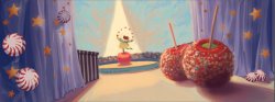 candy apples and a dancing person