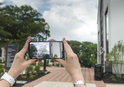 Installation photograph of Margin of Error, 2019. Artist Nancy Baker Cahill’s animated augmented reality drawing in 360° via 4th Wall app will be on view in front of Cole Hall as part of the Tech/Know/Future/ exhibition. (Photo by Cary Whittier)