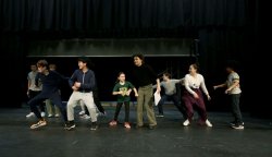 The cast does an acting exercise on the stage. The Hoboken Public School Theater Department play rehearsal for Harry Potter and the Cursed Child at Hoboken High School in Hoboken, NJ on Wednesday, January 31, 2024. They are the first US high school to get the licensing to put on the play.Ed Murray| For NJ Advance Media