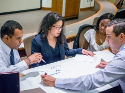 students discussing presentation around a table