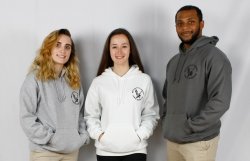 three students wearing sweatshirts in gray, white, and dark gray. all say montclair state university campus recreation surrounding the red hawk logo in black