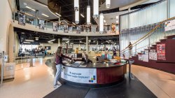 Arial view of the circle desk inside the student recreation center