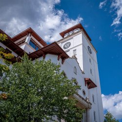 upward view of University Hall clock tower