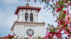 University Hall clocktower in Spring
