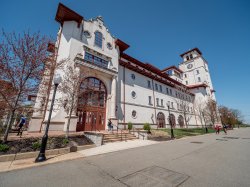 The outside of University Hall on a sunny day.