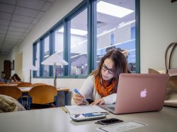 A student studying at a desk in the library.
