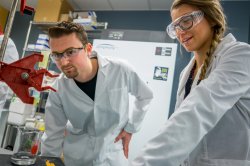 students watching as chemicals combine in beaker