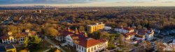aerial photo of campus at sunset