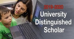 photo of Laura Lakusta with student and text 2019-20 University Distinguished Scholar