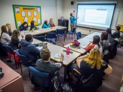 photo of Professor Yasemin Besen-Cassino teaching in class