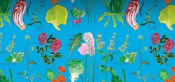 Colorful artwork on light blue background depicting different herb and lettuces for a salad