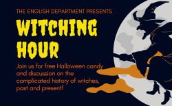 event title witching hour with shadow of witch on a broom flying by the moon