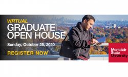 photo of student, standing and reading a book outside with NYC skyline behind him
